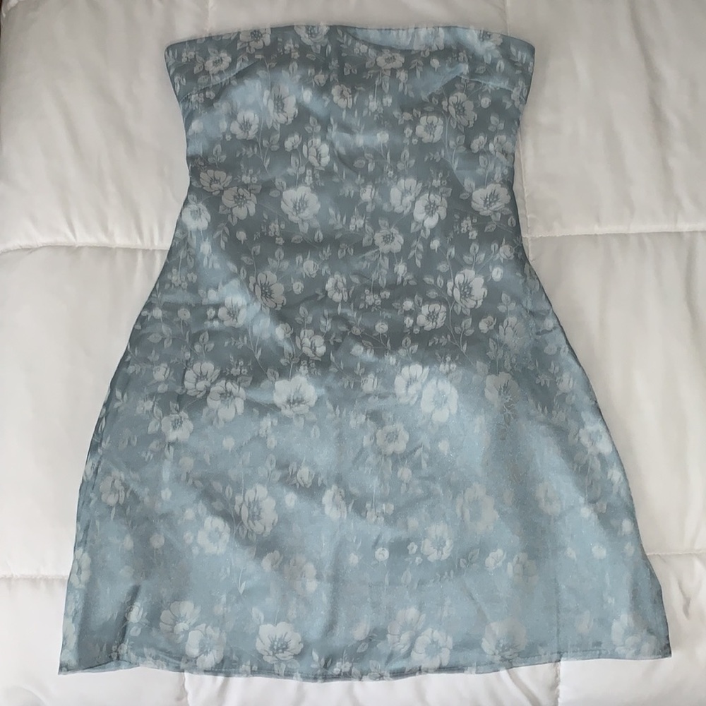 Strapless Floral Mini Dress in Dusty Blue
